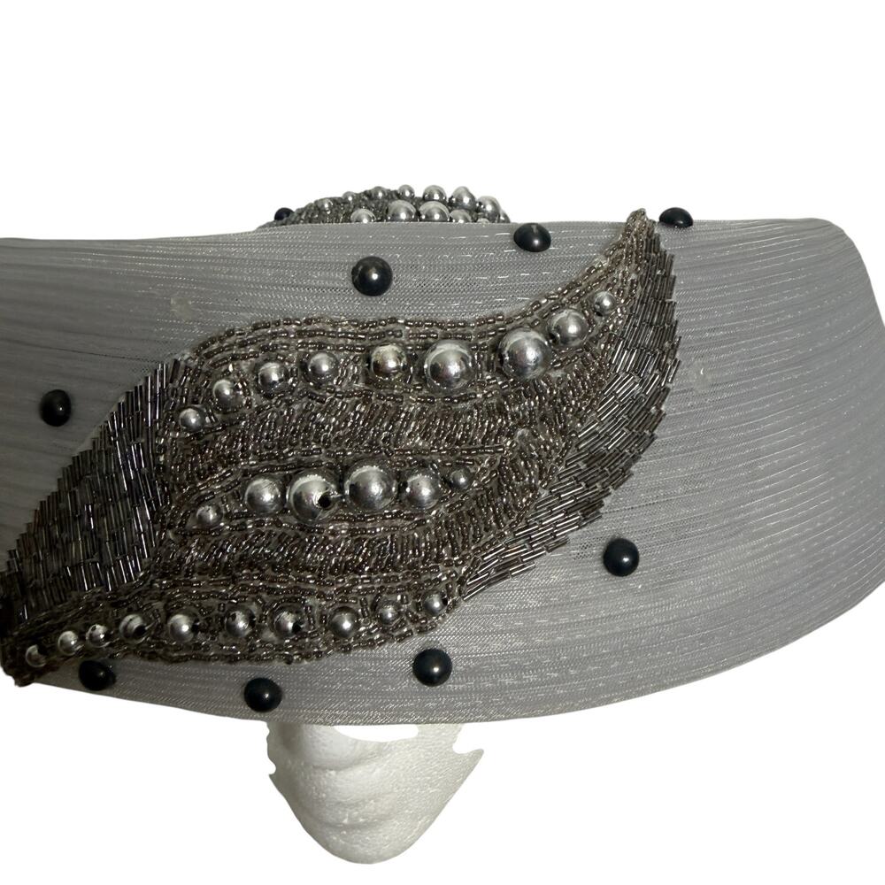 Vintage Sandra Silver Wide Brim Church Derby Hat Beaded Statement - Picture 2 of 11